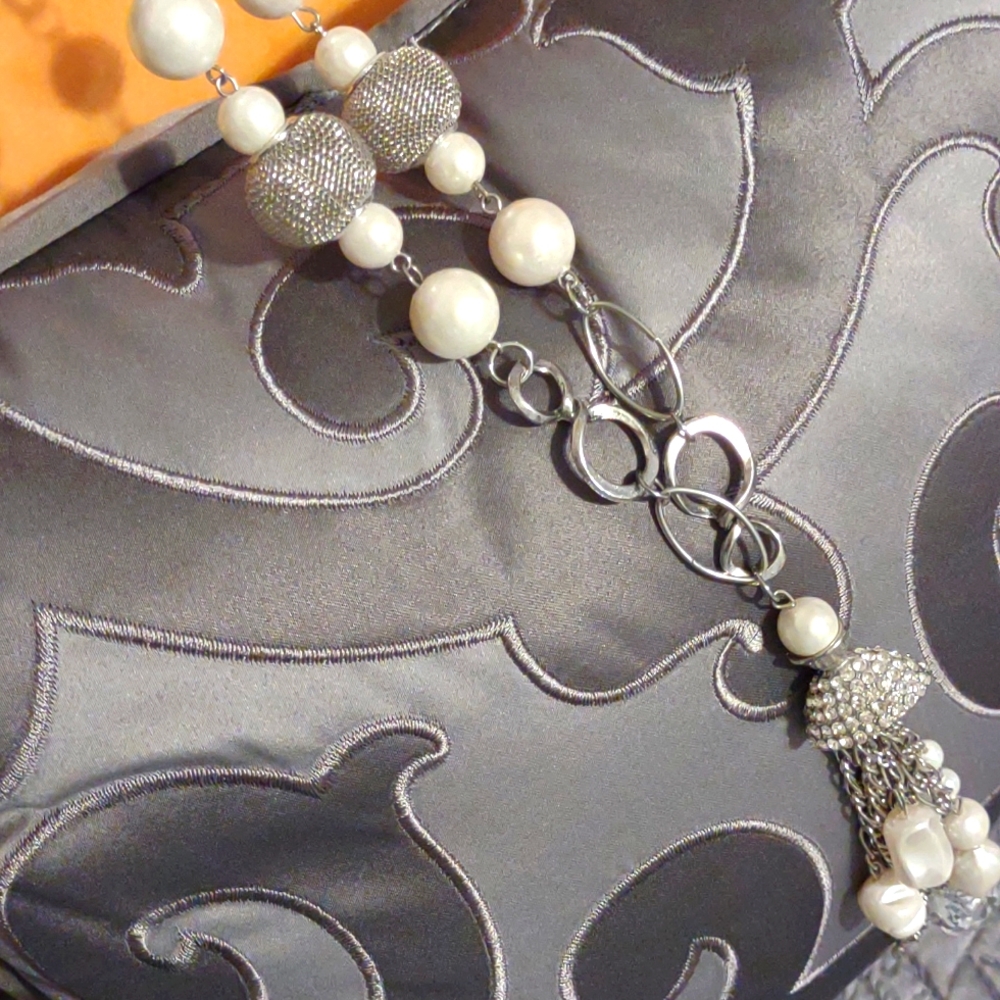 Silver, Faux Pearl & Rhinestone Necklace and Earrings. 14in with a 5 in tassel.